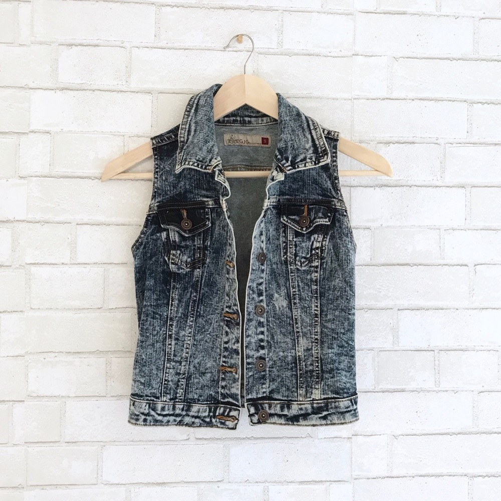 Acid Wash Denim Jacket - Dark Jean Jacket Vest